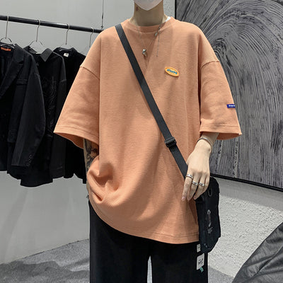 Japanese Casual Men''s 5-sleeve T-shirt Men''s Loose Fashion Brand Round Neck Street Waffle Half Sleeve T-shirt Men''s Wear