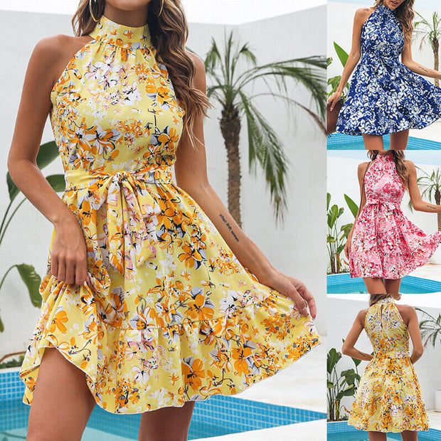 Flowers Print Halterneck Summer Dress